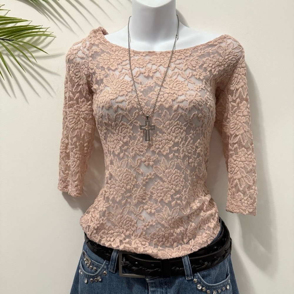 Y2k fairy core pink lace sheer cut out top